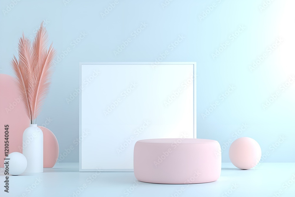 Fototapeta premium Minimalist composition with soft pink and blue tones, featuring a white vase with pastel pink dried palm leaves, a round ottoman, and geometric decor in a modern, serene setting