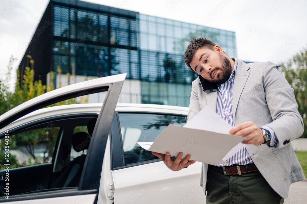 Fototapeta premium Stressed businessman having phone call reading documents next to car