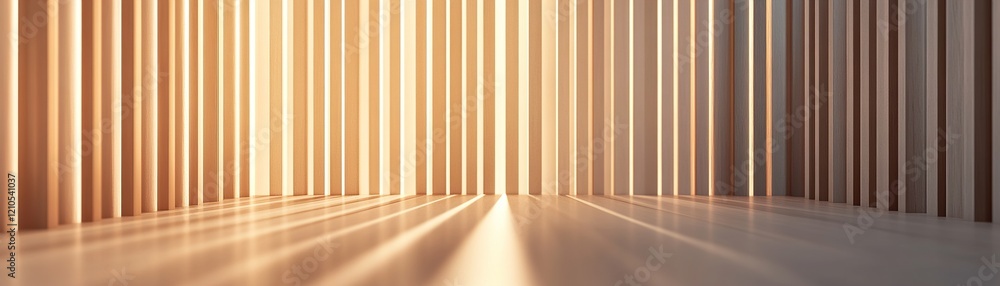 This artwork features vertical wooden slats that create intricate light patterns and geometric shapes against a neutral background This artwork features vertical wooden slats that create intricate light patterns and geometric shapes against a neutral background