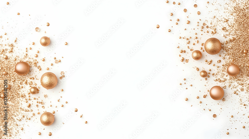 Gold spheres and glitter on white background; festive banner design Gold spheres and glitter on white background; festive banner design