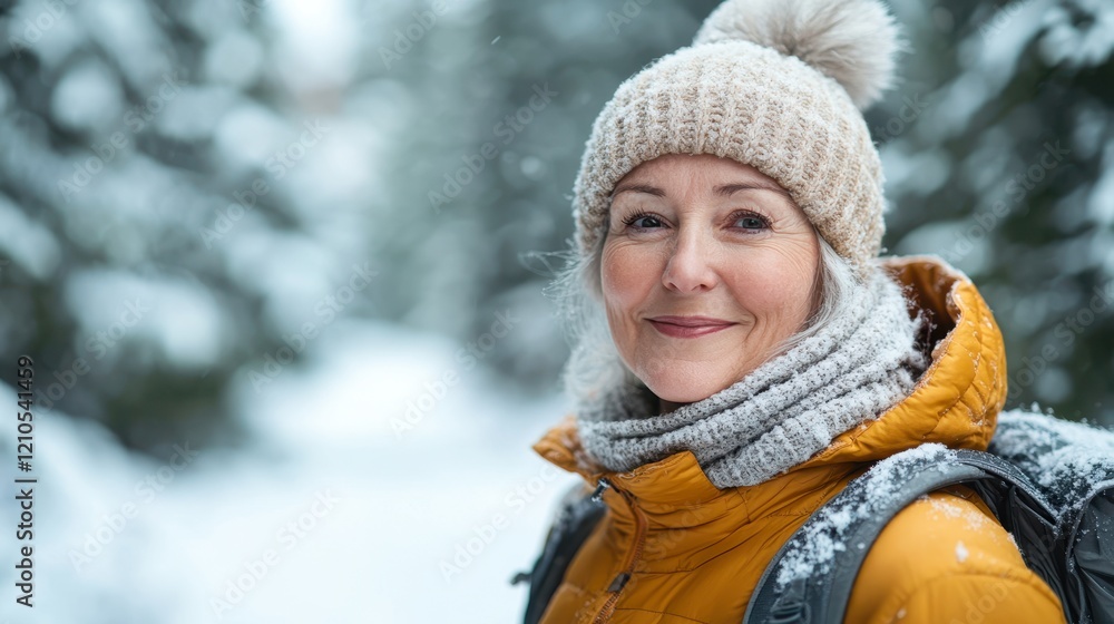 Obraz premium A smiling older woman in winter attire stands in a snowy forest, projecting warmth and resilience, This image is ideal for promoting winter travel, outdoor activities, or showcasing healthy aging,