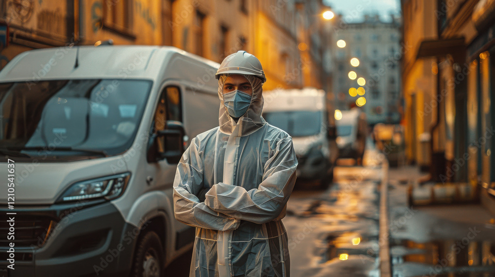 Young and happy male movers in protective suits standing in front of van. Young and happy male movers in protective suits standing in front of van.