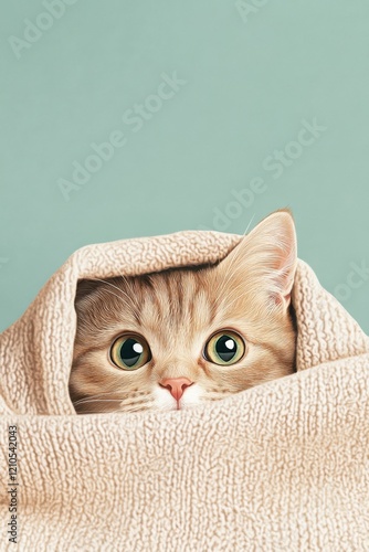 Scared kitten peeking from under a blanket as shadows dance in the darkness of evening photo