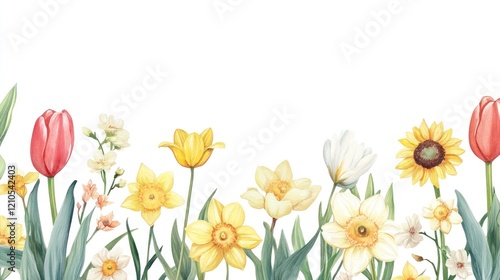 Wallpaper Mural Watercolor spring flowers border with tulips, daffodils, and sunflowers on white background. Torontodigital.ca