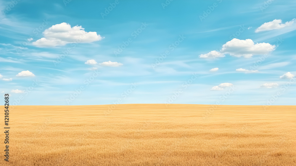 Golden wheat field under a bright blue summer sky; idyllic rural landscape perfect for agricultural or travel advertising Golden wheat field under a bright blue summer sky; idyllic rural landscape perfect for agricultural or travel advertising