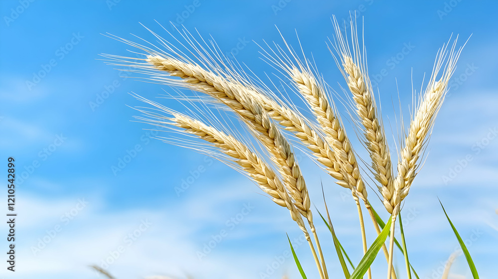Golden wheat stalks sway gently against a vibrant blue sky dotted with fluffy white clouds, a picturesque summer scene ideal for agricultural or food packaging Golden wheat stalks sway gently against a vibrant blue sky dotted with fluffy white clouds, a picturesque summer scene ideal for agricultural or food packaging