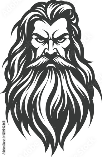 Monochrome illustration of a bearded man with flowing hair, fierce expression, mythical or legendary character design, black and white vector art  
