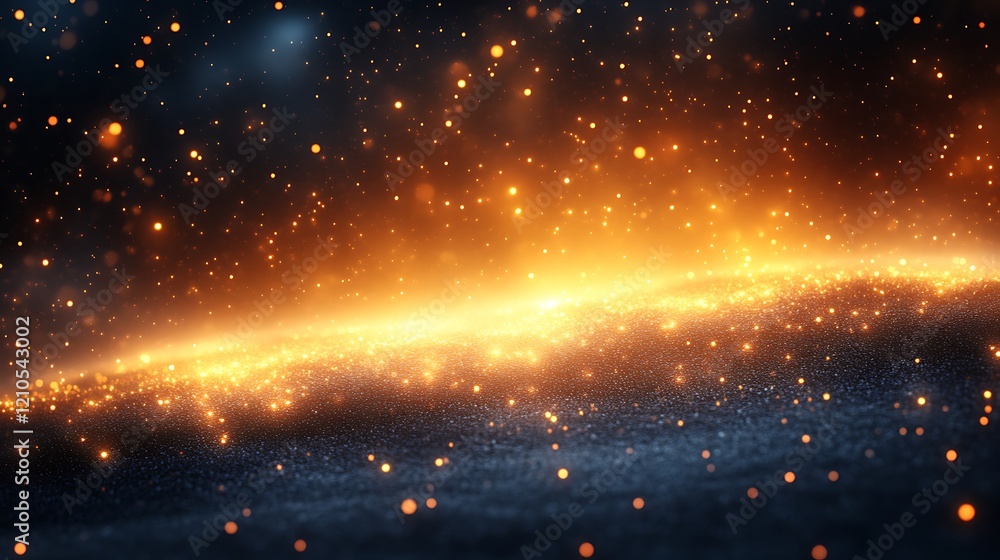 Fototapeta premium Golden sparkles illuminate a dark surface creating a celestial scene