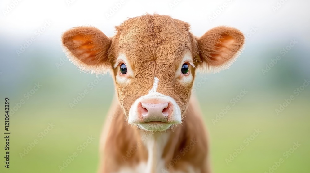 Cute calf portrait, pasture background, farm animal Cute calf portrait, pasture background, farm animal