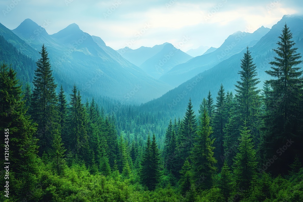 Beautiful alpine forest with tall green trees creating a majestic view Beautiful alpine forest with tall green trees creating a majestic view