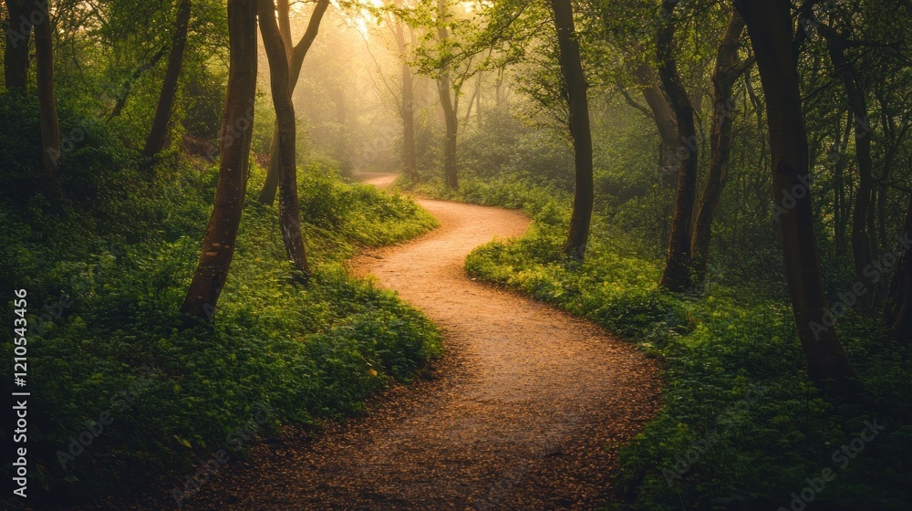 Obraz premium Winding path through a sunlit, misty forest.