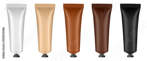 Set of cosmetic tubes with small screw cap. 3d mockup. Black, brown, beige and white colors. Hand cream, mask or lotion.