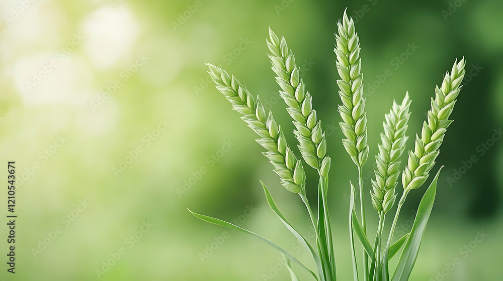 Green wheat stalks in a field, sunlit background, agricultural concept, ideal for food packaging Green wheat stalks in a field, sunlit background, agricultural concept, ideal for food packaging