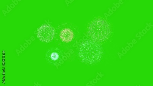 A green screen shot featuring a vibrant and colorful fireworks display lighting up the sky with bursts of light and colors. New Year and 4th of July concept.