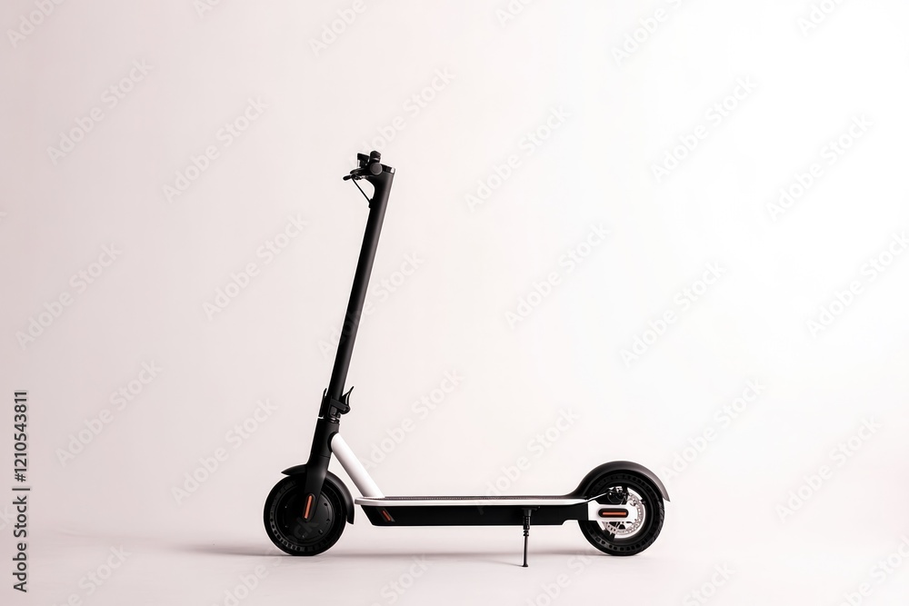 single sleek electric scooter standing upright against plain white background under soft natural lighting single sleek electric scooter standing upright against plain white background under soft natural lighting
