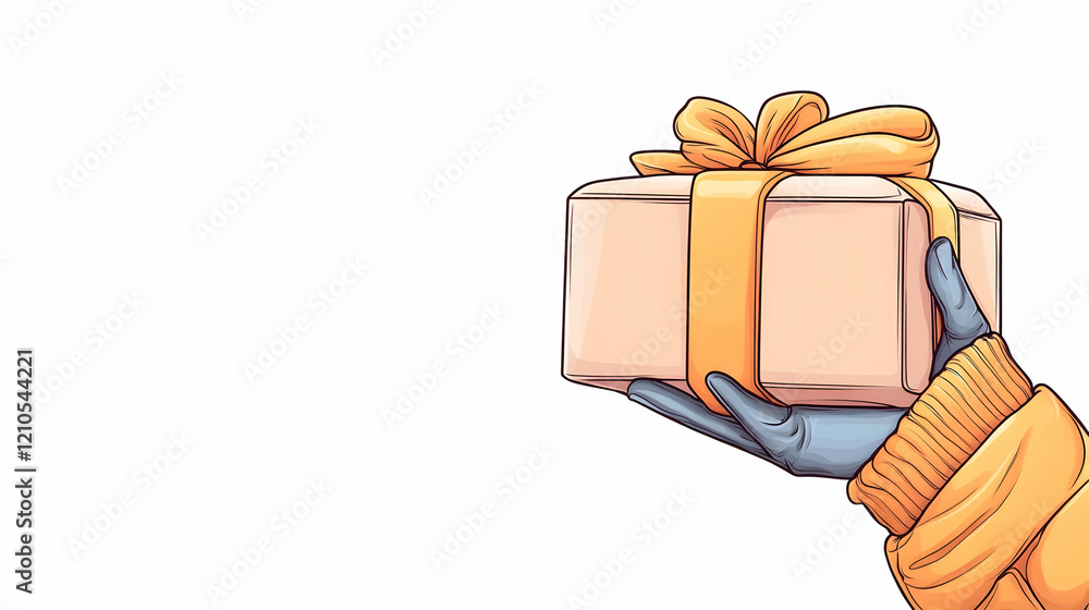 Hand in winter gloves gifting a present; white background, holiday card design Hand in winter gloves gifting a present; white background, holiday card design
