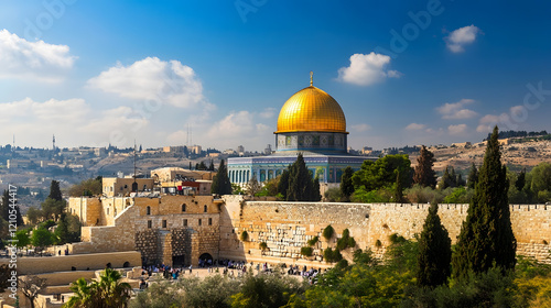 Stunning View of Dome of the Rock in Jerusalem with Vibrant Sky : Generative AI