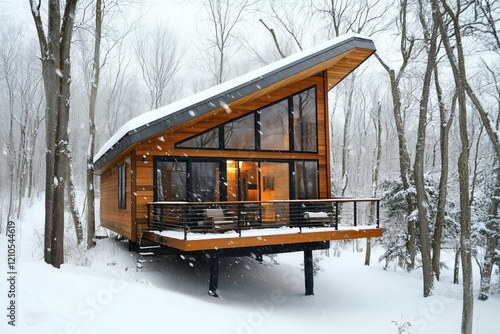 A modern wooden Cabin house style in a snowy forest, featuring large glass windows and a sloped roof. Snowflakes are falling, creating a serene winter atmosphere. photo