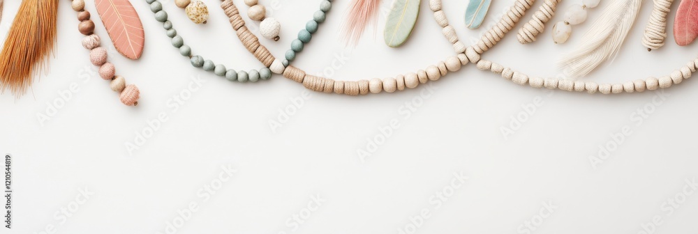 Fototapeta premium Handcrafted fiber art necklace showcasing vibrant colors and intricate textures on a minimal backdrop