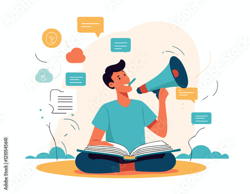 Storytelling communicate brand story or idea to listener, narrative message, content or article writing or advertising creativity concept, young man on opening book telling story on megaphone.