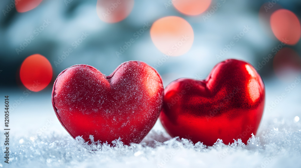 Fototapeta premium Romantic Winter Scene with Snow and Heart Shaped Decorations for Valentines : Generative AI