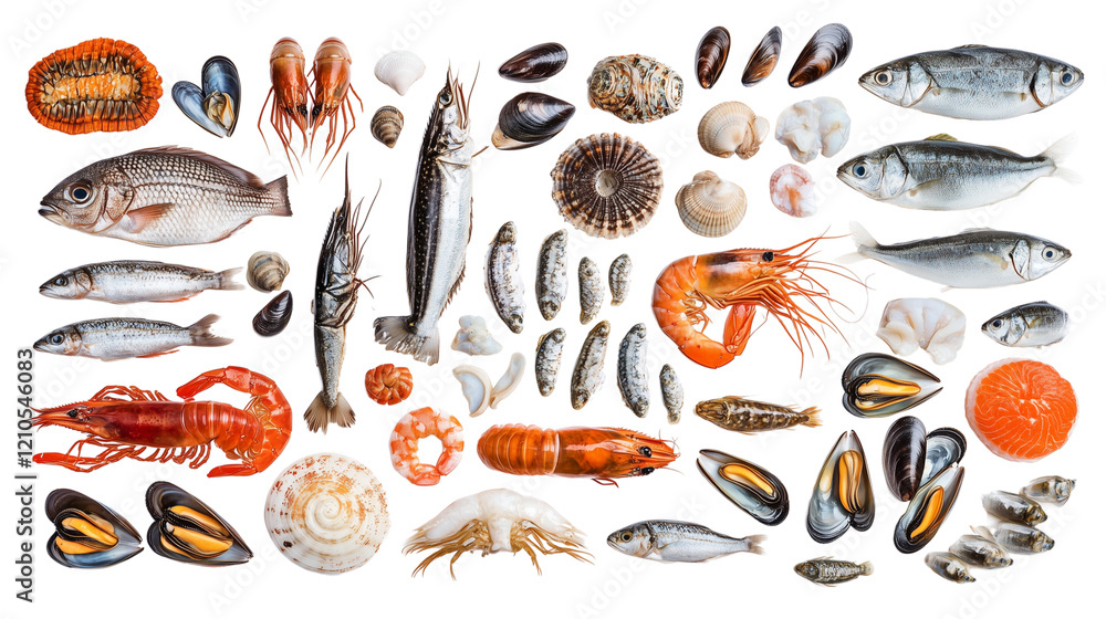 A set of assorted shellfish and small fish, including shrimp, sardines, and mussels isolated on transparent background (3) A set of assorted shellfish and small fish, including shrimp, sardines, and mussels isolated on transparent background (3)