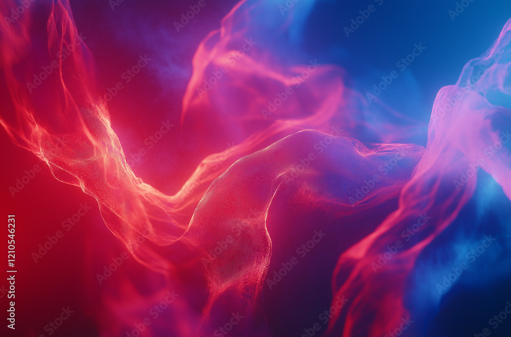 Obraz premium Red and Blue Light with Flowing Flames, Surreal Abstract Shapes on a Dark Gradient Background, Featuring Glowing Particles, Optical Flares, and Soft Lighting Effects for a Mystical Atmosphere