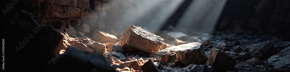 Fototapeta premium Sunlit Rubble and Damaged Brick Wall