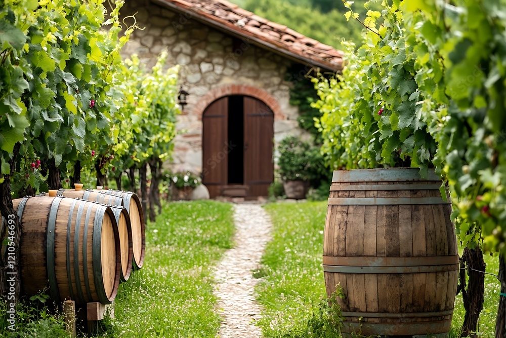 A Rustic Vineyard in the Countryside with Rows of Grapevines, Wooden Barrels, and a Charming Stone Winery A Rustic Vineyard in the Countryside with Rows of Grapevines, Wooden Barrels, and a Charming Stone Winery