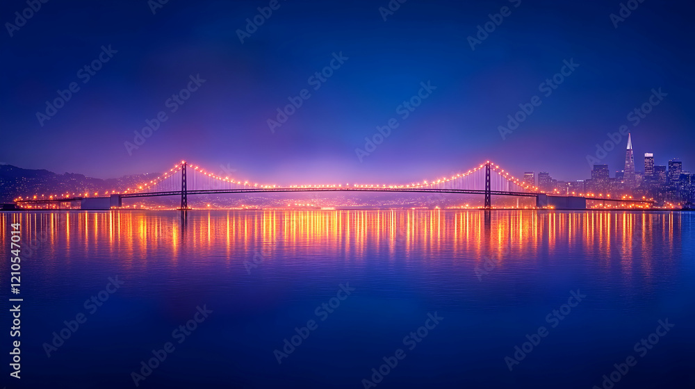 Obraz premium Illuminated bridge at twilight, city skyline reflection, calm water, nighttime cityscape