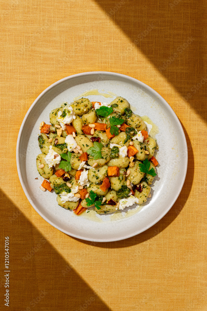 Top view of delicious Italian gnocchi with pesto and vegetables Top view of delicious Italian gnocchi with pesto and vegetables