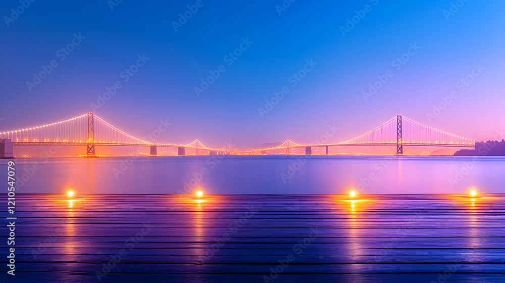 Obraz premium Illuminated dock overlooking a city bridge at twilight; perfect for travel brochures or websites