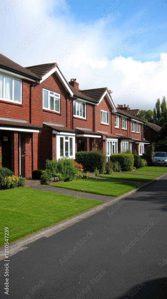Obraz premium Row of brick houses with well-manicured lawns on a sunny day in a suburban neighborhood featuring clear skies and a peaceful atmosphere