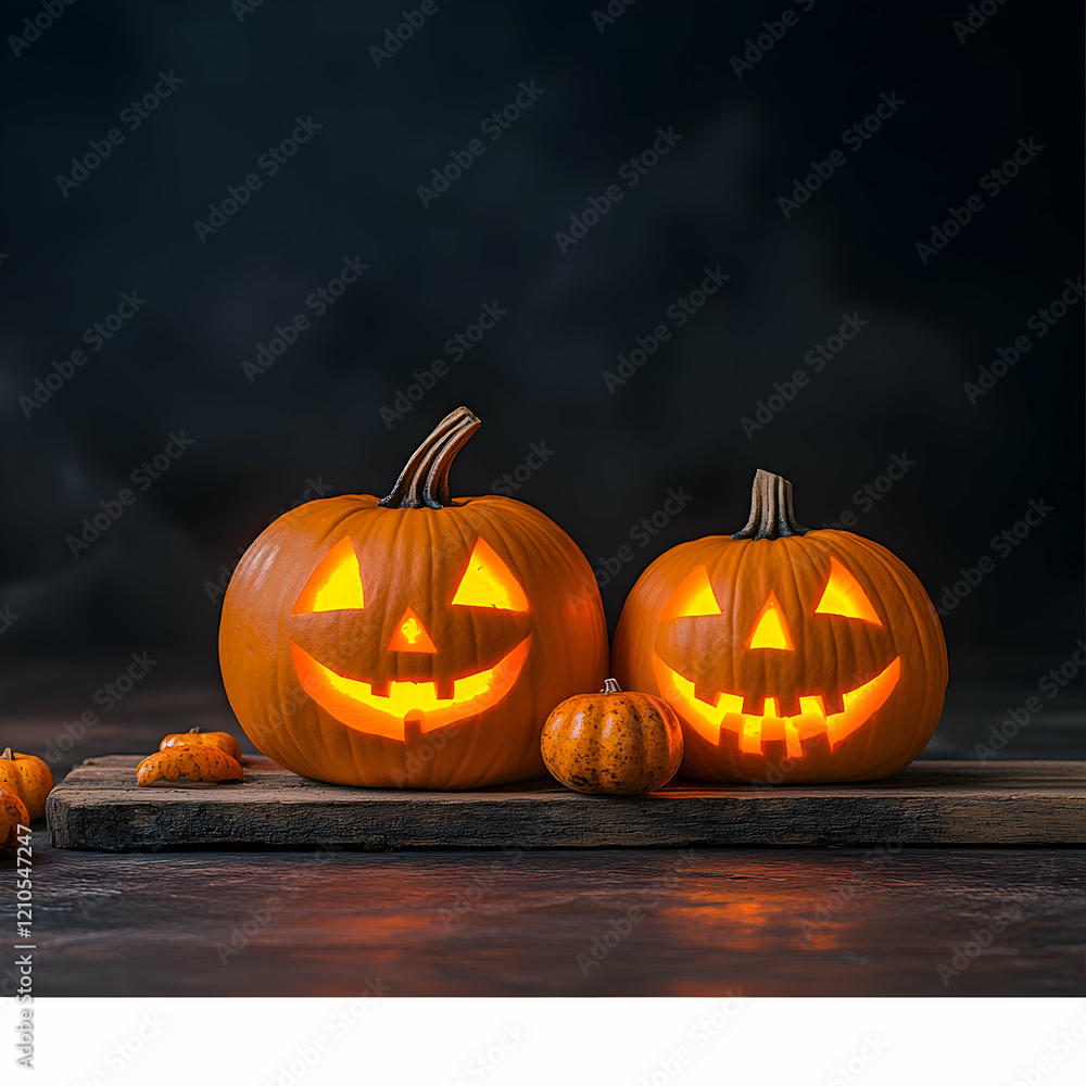 Illuminated jack-o'-lanterns on wooden board, dark background, Halloween celebration, festive card design Illuminated jack-o'-lanterns on wooden board, dark background, Halloween celebration, festive card design