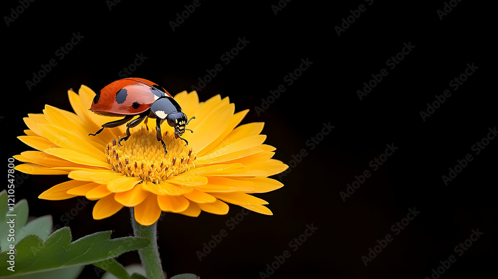 Ladybug on yellow flower, black background, nature macro, spring greeting card Ladybug on yellow flower, black background, nature macro, spring greeting card
