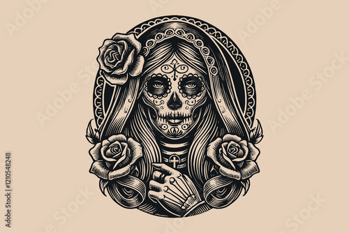 Monochrome engraving of Santa Muerte with skeletal face for print or tattoo