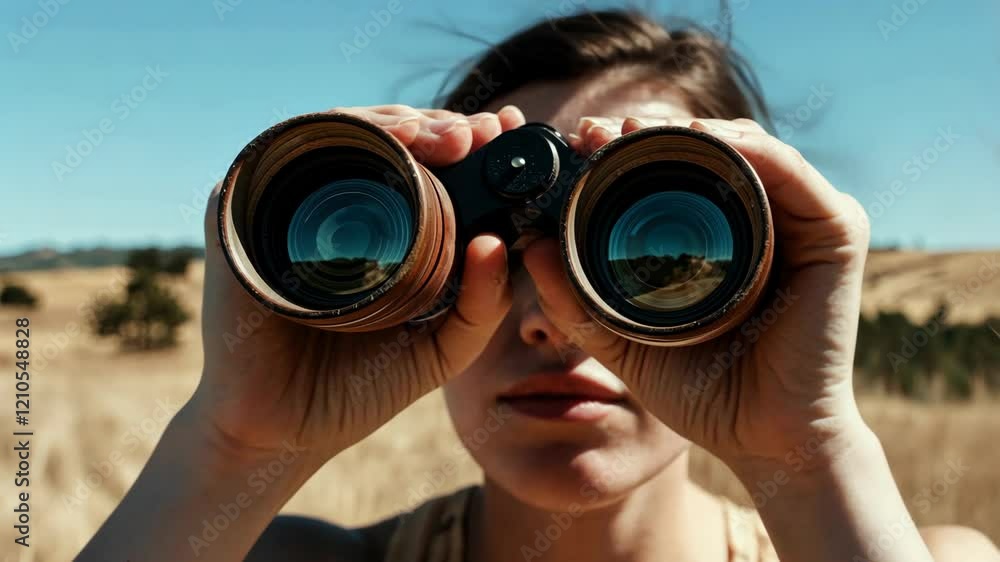 Woman observing nature through binoculars in open field on a sunny day Woman observing nature through binoculars in open field on a sunny day
