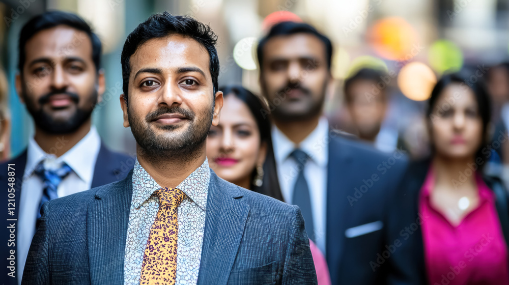 Confident Indian businessman in a busy street with peers
Confident Indian businessman in a busy street with peers