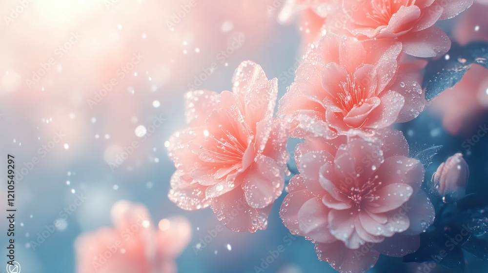 Dewy pink blossoms, spring garden, bokeh background, website banner Dewy pink blossoms, spring garden, bokeh background, website banner