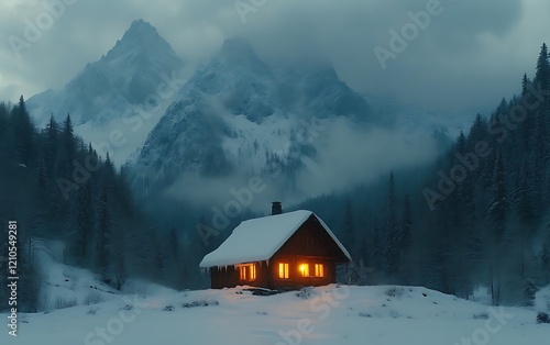 Cozy cabin glowing in snowy mountains at night.