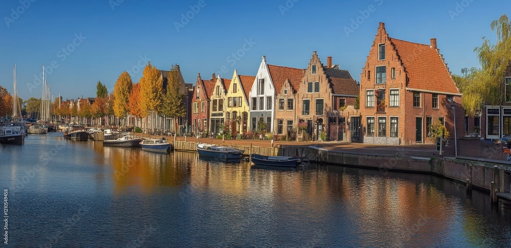 Obraz premium Quayside Reflections: Historic Homes and Boats along a Calm Canal in Autumn