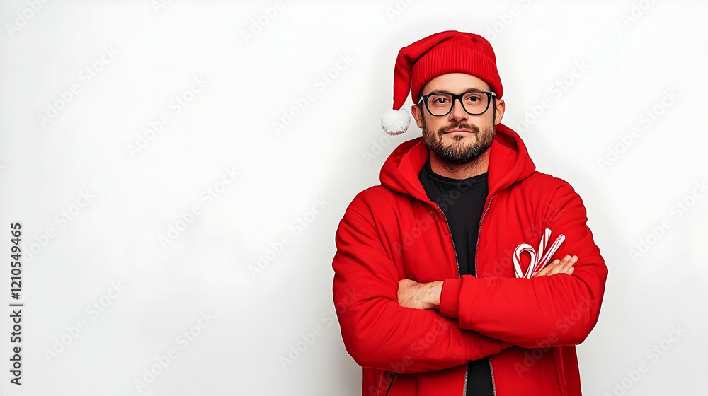 Man in red hoodie and Santa hat, arms crossed, white background, Christmas spirit Man in red hoodie and Santa hat, arms crossed, white background, Christmas spirit
