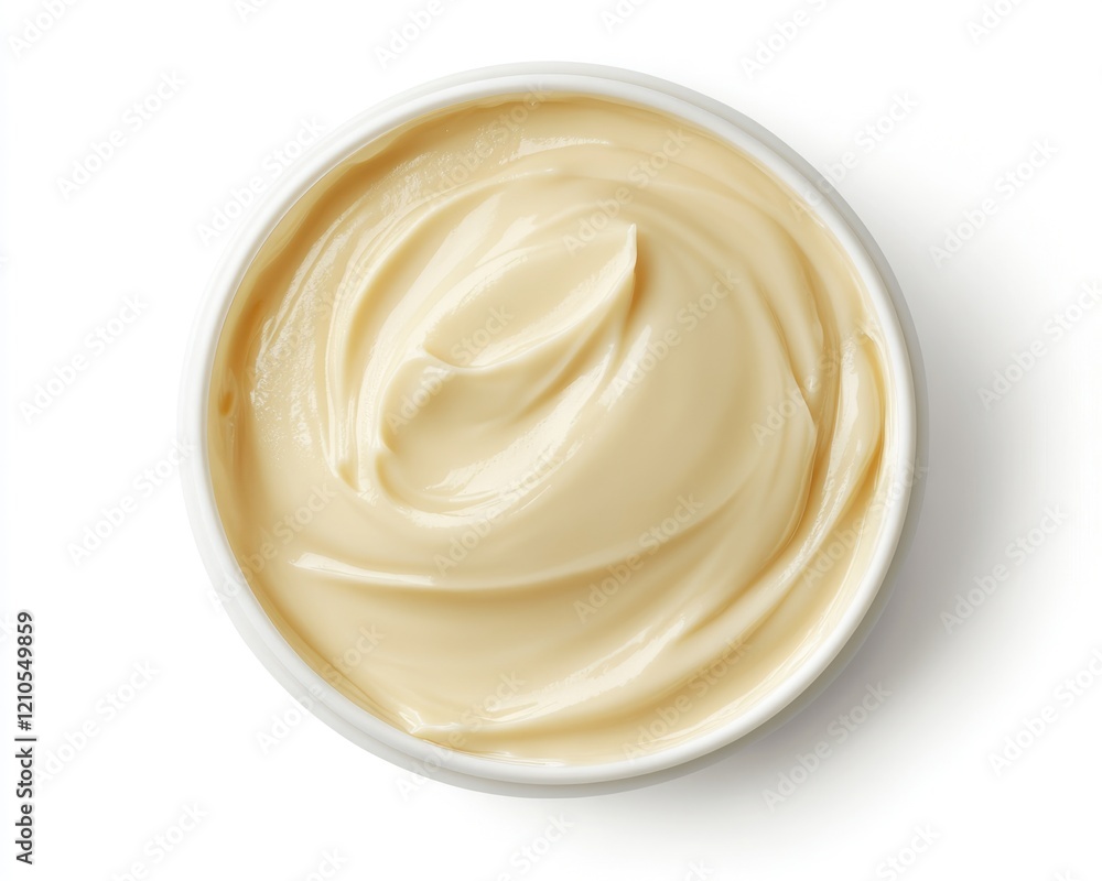 Creamy Peanut Delight. Smooth Nut Butter in Round Dish, Top View on Clean White Background Creamy Peanut Delight. Smooth Nut Butter in Round Dish, Top View on Clean White Background
