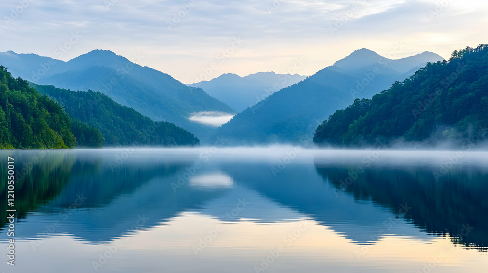 Misty mountain lake sunrise reflection, serene landscape, peaceful nature background, ideal for travel brochures Misty mountain lake sunrise reflection, serene landscape, peaceful nature background, ideal for travel brochures