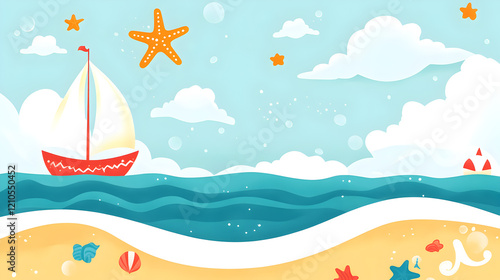 un fondo de ilustracion o dibujos de un paisaje marino con espacio de copia para invitacion o diseño creativo sobre el oceano con un barco y nubes 