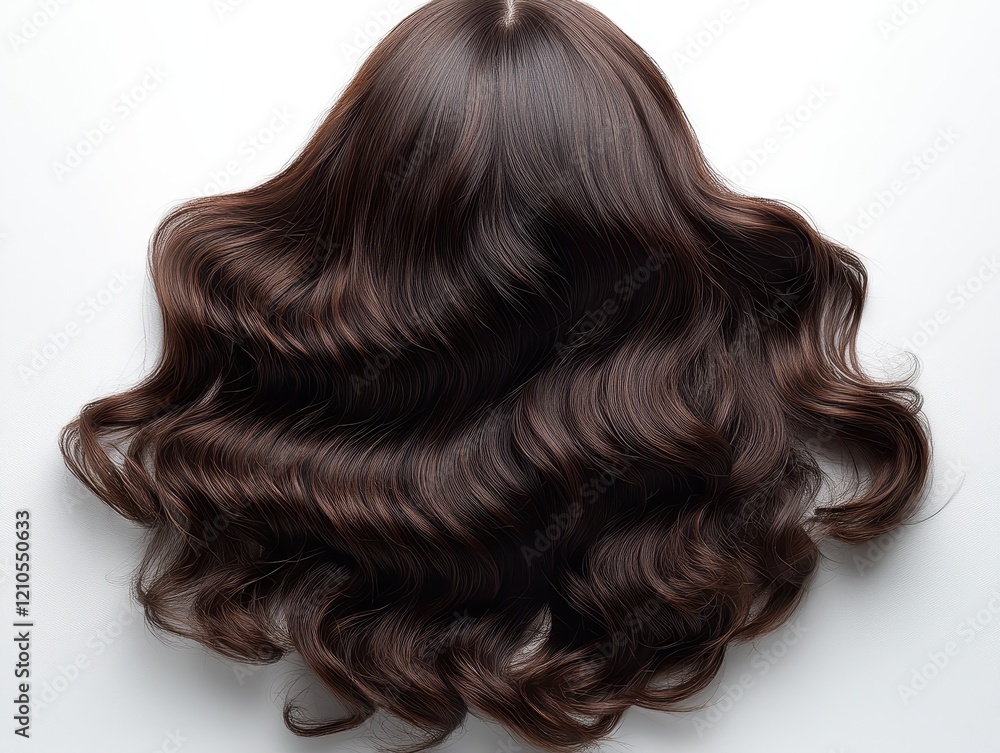 A top view of luxurious, wavy brown hair displayed on a white background. A top view of luxurious, wavy brown hair displayed on a white background.