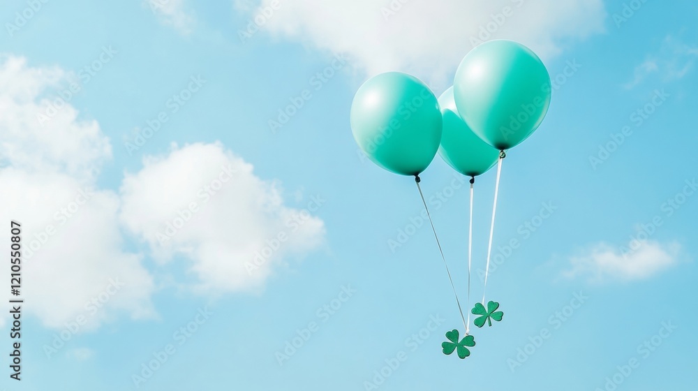 Obraz premium Whimsical Spring Aesthetics Shamrock-Tethered Balloons Against Blue Skies - Saint Patricks Day Wellness Symbolism for Modern Event Marketing and Seasonal Decor Inspiration