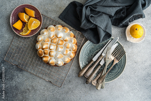 A homemade lemon cake with fresh lemons and rustic table setup photo