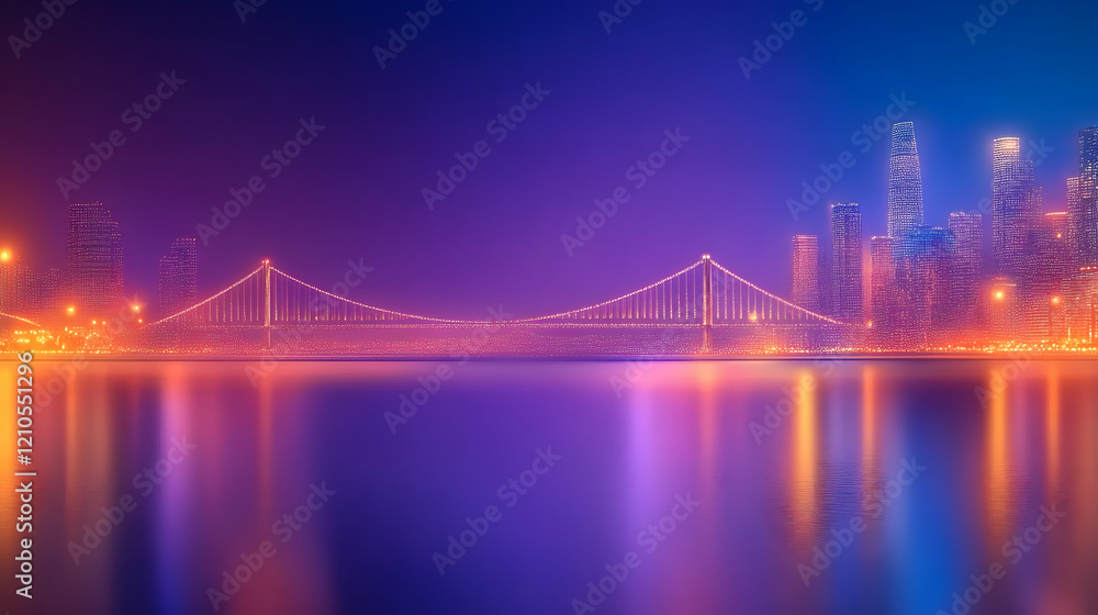 Naklejka premium Night cityscape illuminated bridge, skyscrapers, and tranquil river reflection. Ideal for travel, city, or architecture projects