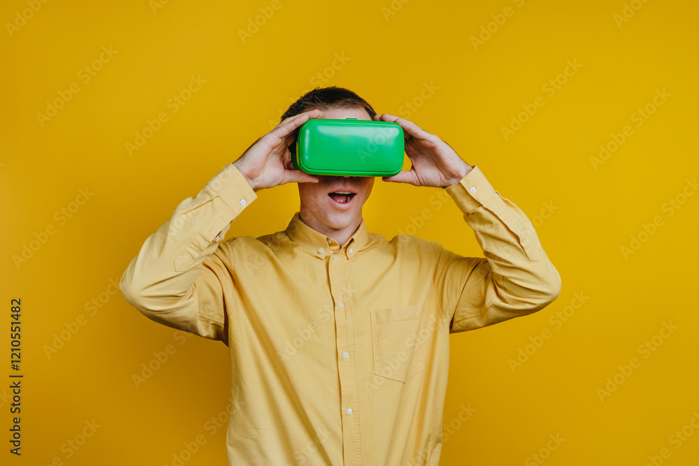 Man in virtual reality headset standing over yellow wall with copy space Man in virtual reality headset standing over yellow wall with copy space